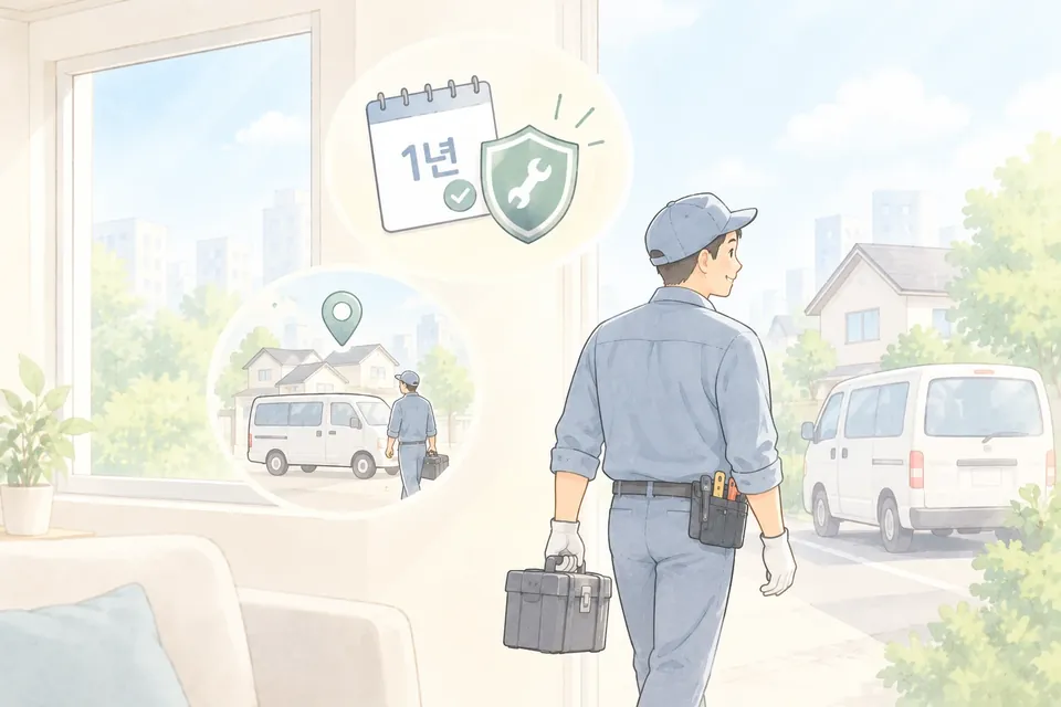 1년 무상 A/S · 지역 고객을 직접 방문하는 일러스트